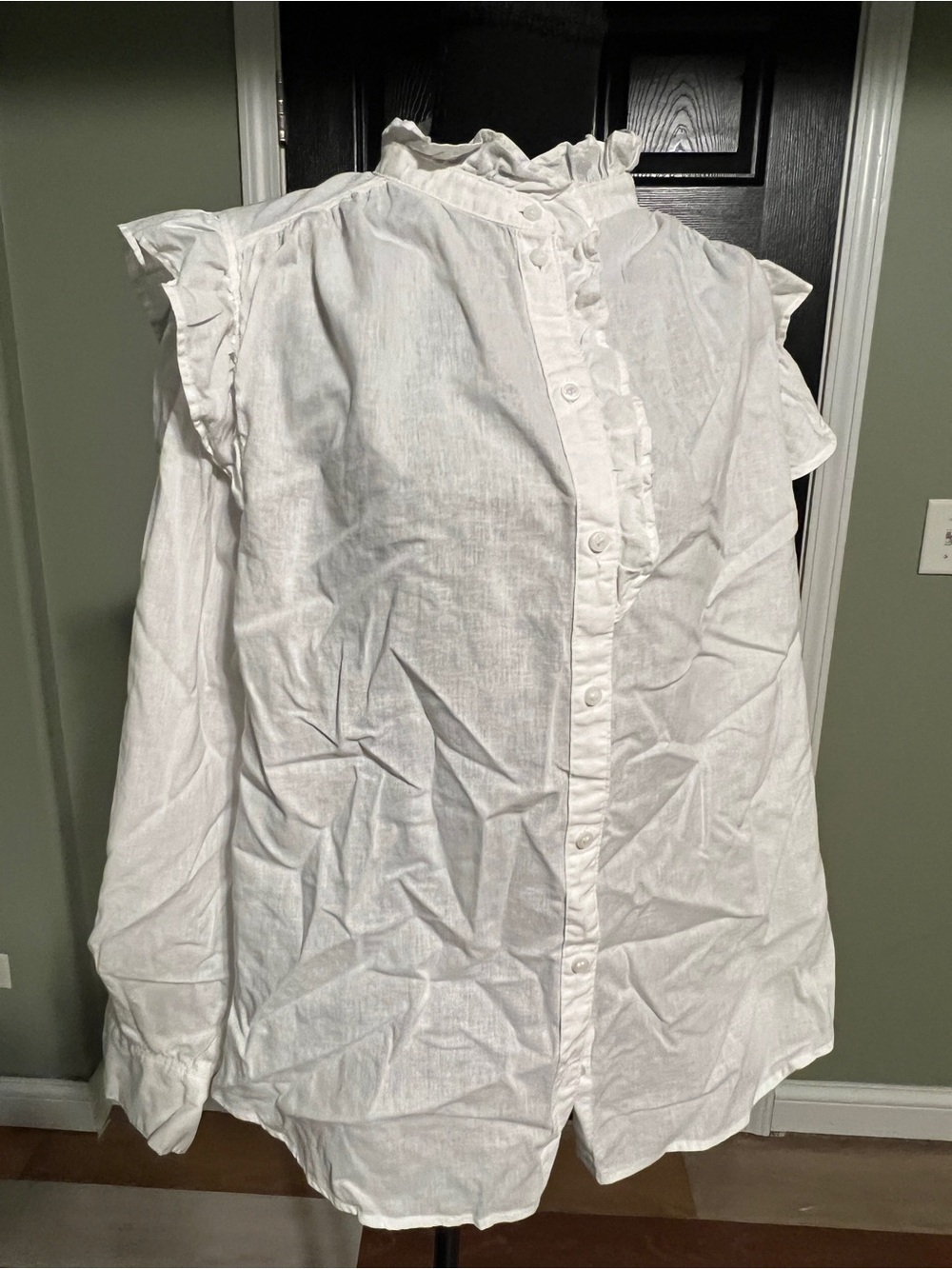 H&M White Linen-Blend Button Shirt with Ruffle Trim